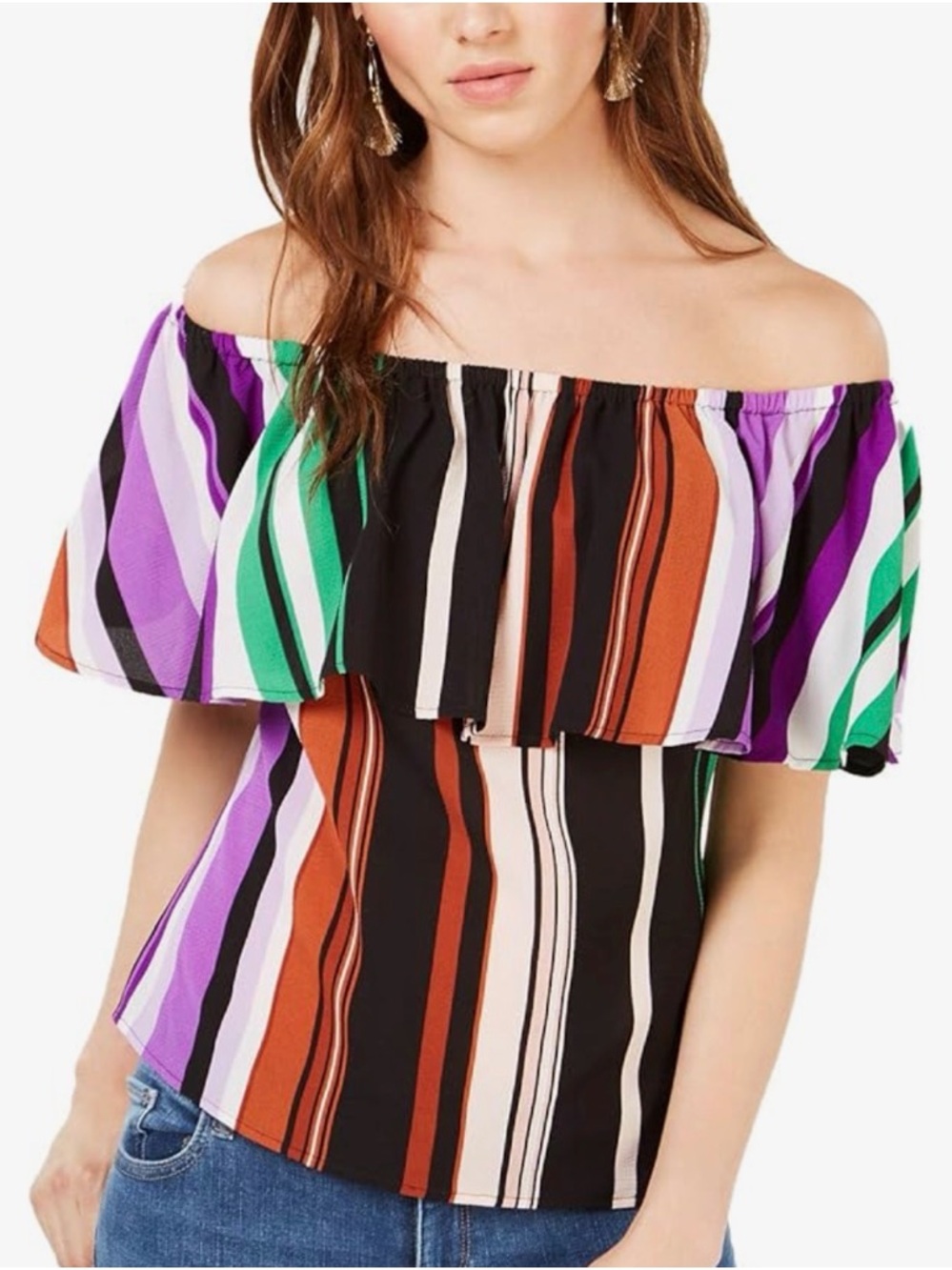 Gypsy Dream Ruffle Off The Shoulder Statement Stripe Top